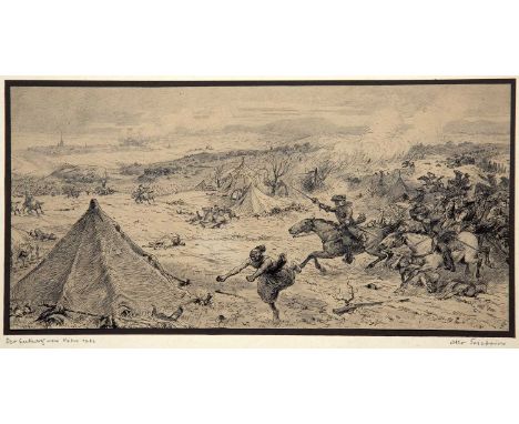 Otto Friedrich (1862-1937)Lifting the siege of Vienna, 1683, signed with monogram, pen and inks, 14.5 x 29.5cmLots 120 -142, 