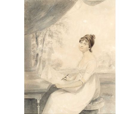 Thomas Heaphy (1775-1835)Portrait of a young lady sketching in a garden, signed, pencil and grey wash, inscribed indistinctly