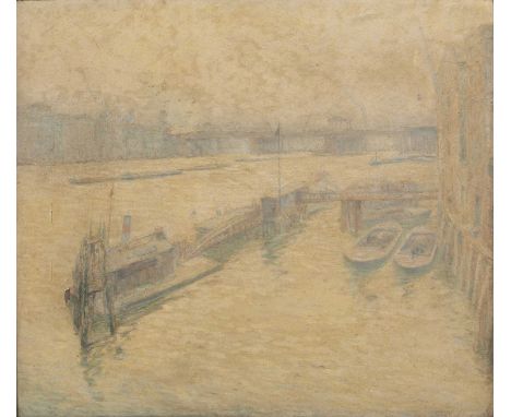  Charles Sykes (1875-1950)'Barges on The Thames', signed, oil on board, 34.5 x 40cm Prov: Memorial Exhibition: Walkers Art Ga