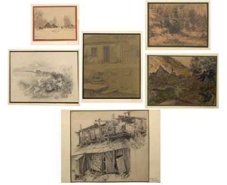 Anton Hlavacek (1842-1926)Woodland, indistinctly titled and dated '63, pencil with touches of crayon, 14.5 x 20cm; and five f