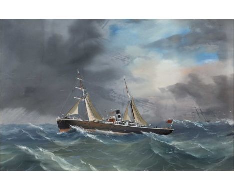 English school (early 20th century)Portrait of the twin masted sailing vessel 'Dalton' at sea, gouache, 39 x 60cm
