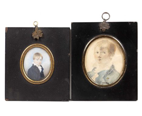 English school (early 19th century)Portrait of a young boy wearing white stock and blue jacket, on ivory, 6 x 5cm oval; and a