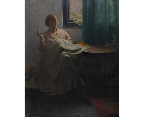 Ernest Townsend (1880-1944)Portrait of the artist's wife sewing in the Full Street Studio, Derby, signed, oil on canvas board