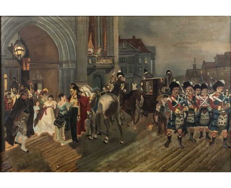 C * M * SmithA busy street with Scottish bagpipers, signed and dated 'SCA 1938', oil on canvas, 49.5 x 72cmWe believe that th