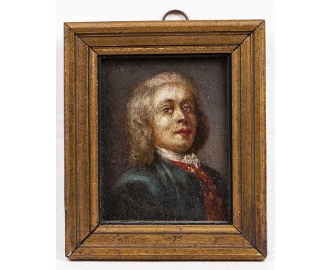 19th century French schoolPortrait of a gentleman wearing a blue cloak and red waistcoat, oil on metal panel, 10 x 8cm