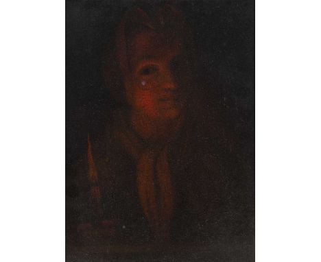 Follower of Petrus van Schendel (1806-1870)A candle-lit figure, oil on panel, 28 x 20cm