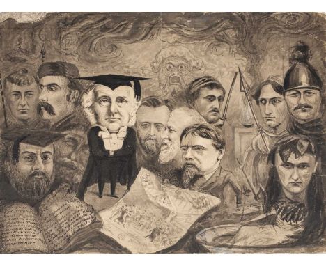 19th century English schoolThe Drama in Oxford in 1880, pen, ink and grey wash caricature illustration, 28 x 38cm, unframed T