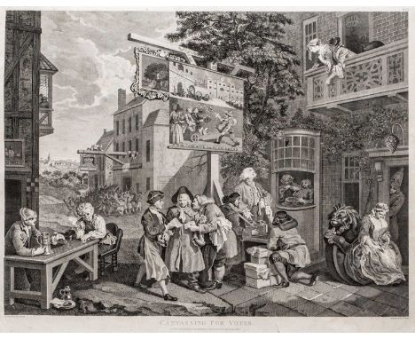 William Hogarth'Canvassing for Votes' and 'Polling', two engravings, 44 x 56.5cm; together with further assorted Hogarth engr
