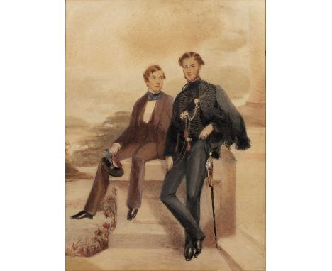 English school (early 19th century)Portrait of an officer with male companion alongside and distant landscape, watercolour, 5