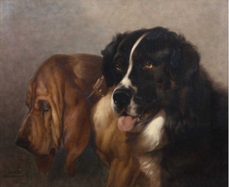 Walter Harrowing (c.1838-1913)A St Bernard with bloodhound, signed and dated 1883, oil on canvas, 57 x 70cmAppears in good co