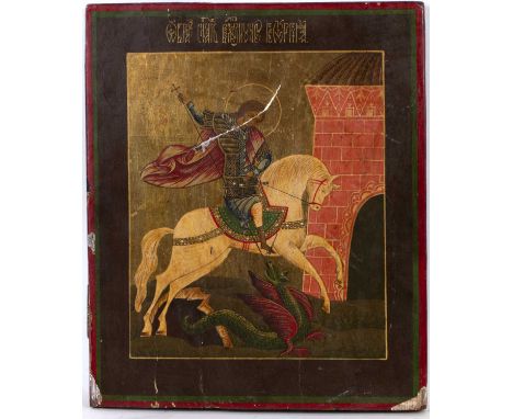 A Russian orthodox icon painted St George slaying the Dragon, oil on pine panel, 31 x 26cm