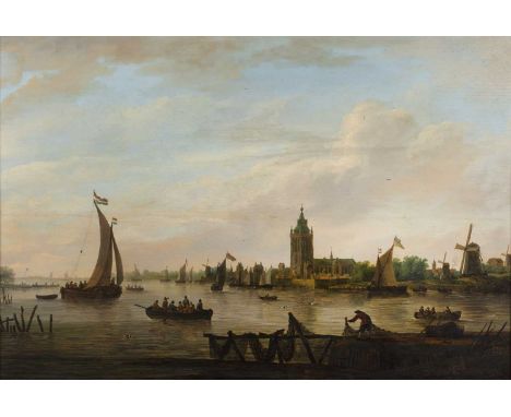 18th century Dutch schoolA harbourside town with windmills, fishing boats and cathedral, oil on panel, 45 x 67cmRepaired hori