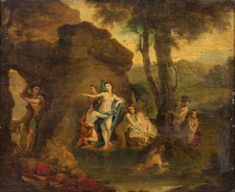 18th century Continental schoolDiana and Actaeon, oil on panel, 26.5 x 32cm; in period carved and pierced giltwood frame