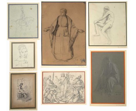 Josef Gisela (1851-1899)A cloaked figure, signed with initials, charcoal, 30 x 21cm; and six further figure studies to includ