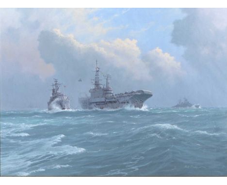 Rex Phillips (1931-2015)'Emergency Breakaway - HMS Hermes and Broadsword off the Falklands, 1982', signed, oil on canvas, 44 