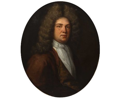 Circle of Sir Godfrey Kneller (1646-1723)Portrait of a gentleman wearing powdered wig, crimson jacket and white stock, oil on