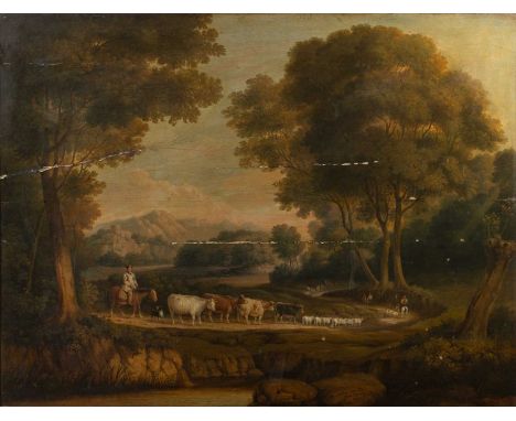 Thomas Taylor SeniorMounted herdsmen driving cattle and sheep in an extensive county landscape, signed with initials 'T.T.' a