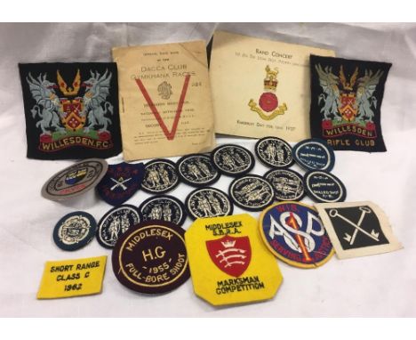 BAG OF SEW ON PATCHES FOR THE NRA RIFFLE CLUB, MIDDLESEX &amp; WILLESEN FC BADGE PLUS A BAND CONCERT PROGRAMME 