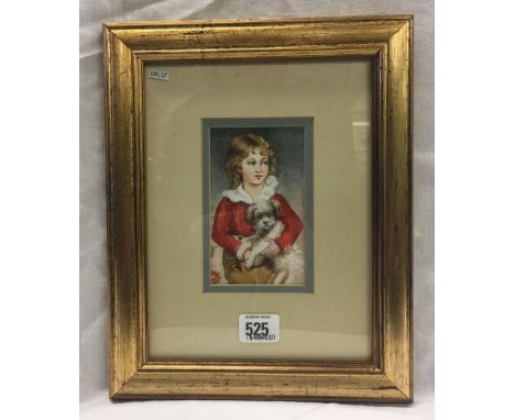 WATERCOLOUR PORTRAIT OF A YOUNG CHILD HOLDING A DOG