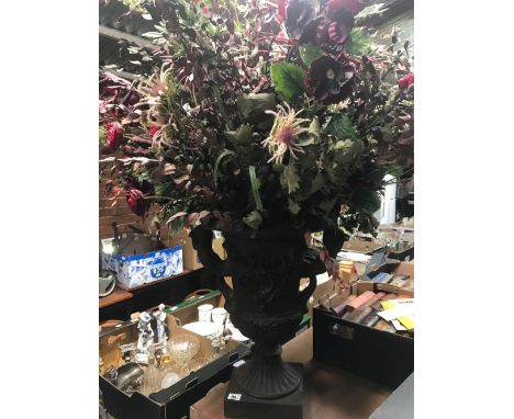 LARGE RESIN VASE PLANTER ON PEDESTAL WITH FLOWERS