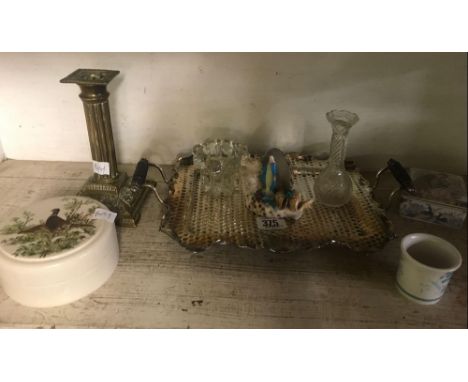 PILLAR CANDLE STICK, PLATED TRAY &amp; OTHER CHINAWARE &amp; GLASSWARE ETC