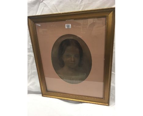 OLD VICTORIAN PORTRAIT HEAD AND SHOULDERS OF A GIRL, OVAL, IN `CHALK AND CHARCOAL  