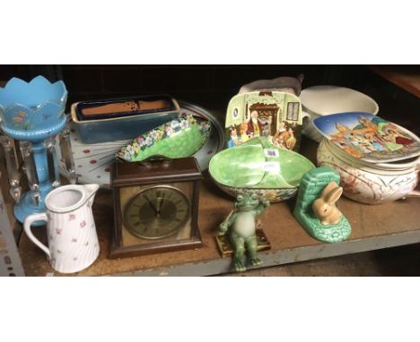 SHELF WITH 2 CHAMBER POTS, A METAMEC, METAL &amp; STONE CARRIAGE CLOCK,BLUE &amp; GLASS LUSTRE &amp; OTHER CHINAWARE