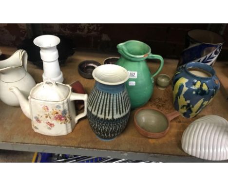 SHELF WITH STUDIO POTTERY, CHINA TEA POT &amp; OTHER CHINAWARE, GREEN JUG WITH CHIP