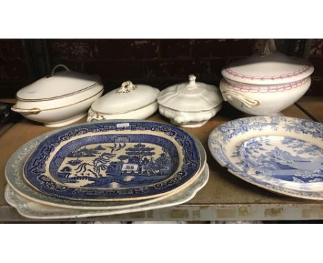 SHELF WITH VARIOUS TUREENS &amp; MEAT PLATES