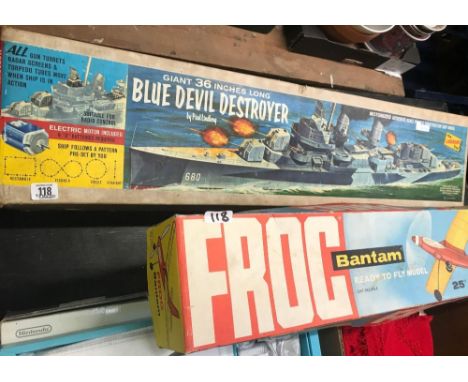 BOXED FROG BANTAM VINTAGE READY TO FLY MODEL PLANE &amp; A BOXED BLUE DEVIL DESTROYER KIT, PARTLY ASSEMBLED
