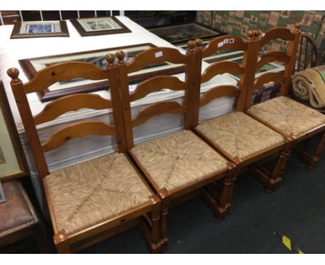 4 PINE LADDER BACK RAFFIA SEATED DINING CHAIRS