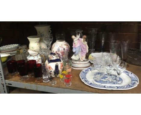 SHELF WITH VARIOUS DRINKING GLASSES, VASES, OLD PERFUME BOTTLES &amp; A FIGURINE