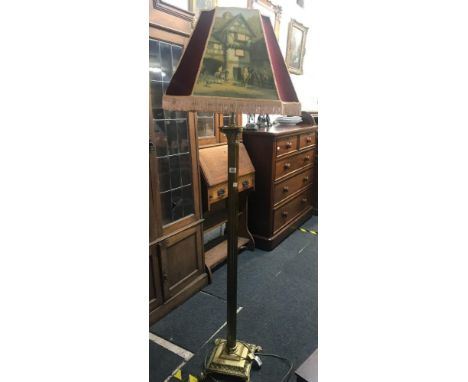 A BRASS PILLAR STANDARD LAMP &amp; SHADE