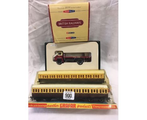 2 'O' GAUGE GREAT WESTERN CHOCOLATE &amp; CREAM CARRIAGES &amp; A BOXED CORGI BRITISH RAILWAYS THAMES TRAILER FLAT BED