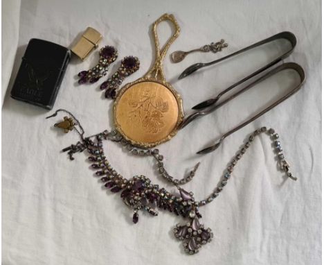 TUB WITH 2 PLATED SUGAR TONGS, GOLD COLOURED SMALL HAND MIRROR, 2 ZIPPO STYLE LIGHTERS, STONE SET NECKLACE WITH EARRINGS &amp