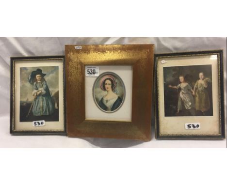 3 PICTURES; OVAL MINIATURE OF A LADY IN A PINK BONNET [PRINT?] TOGETHER WITH THOMAS GAINSBOROUGH'S DAUGHTERS AND ANOTHER OF A