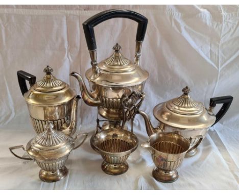 AMERICAN STERLING SILVER 6 PIECE REEDED TEA/COFFEE SERVICE WITH SPIRIT STAND BY MAHONEY OF NEW YORK CIRC. 1900