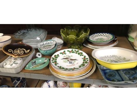 SHELF OF MISC CHINAWARE INCL; PLATES, BOWL, NIBBLES DISHES