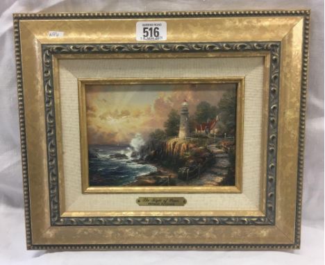 COASTAL VIEW ENTITLED ''THE LIGHT OF PEACE'' BY THOMAS KINKADE, DECORATIVE TEXTURED PRINT WITH CERTIFICATE TO REVERSE