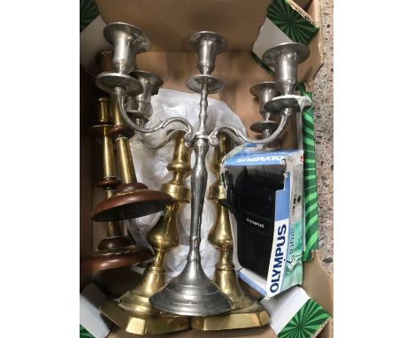 CARTON WITH BRASS CANDLE STICK, WHITE METAL 5 BRANCH CANDLE STICK, A LEATHER WALLET &amp; AN OLYMPUS CAMERA