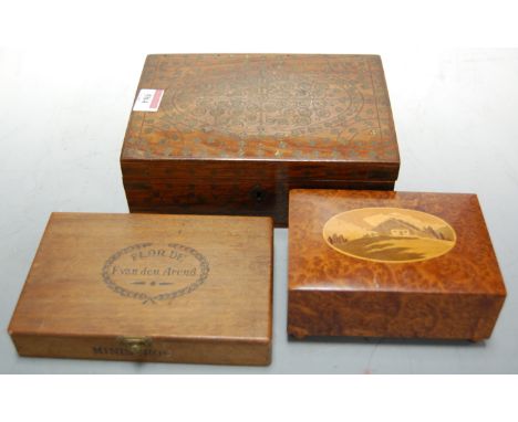 A 19th century mahogany and brass inlaid table cigarette box together with a Ministross cigar box and burr wood musical jewel