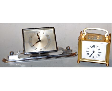 A French lacquered brass cased carriage clock, mid-20th century, w.9.5cm; together with an Art Deco chrome eight day mantel c
