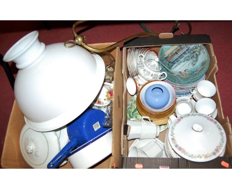 A large lacquered brass framed ceiling light fitting with opalescent glass shade together with two boxes of miscellaneous chi