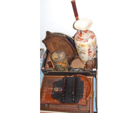 Mixed lot, to include Japanese satsuma vase, lithograph printed commemorative tin for the end of WWII, bronzed metal fawn, ca