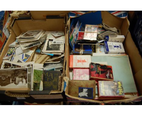 Three boxes of mixed ephemera, to include photographs and postcards, playing cards, ebonised brush set etc