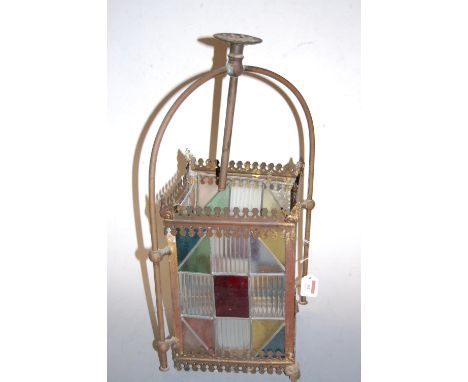 An Edwardian brass framed and leaded glazed ceiling light pendant (a/f)
