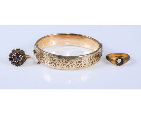 A 9ct gold amethyst cluster ring, size N-O, (4.9g), together with a 9ct plated ring (stone missing) and a rolled gold hinged 