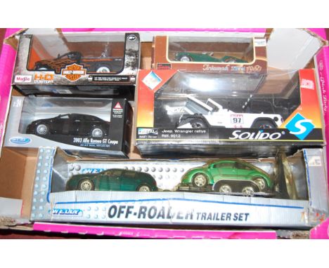 A single box of various cased diecast scale vehicles to include Welly Off-Roader trailer set, Solido Jeep, a 2003 Alfa Romeo 