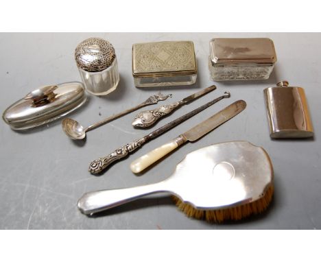 Assorted silver and plated wares, to include hairbrush, various glass tidies, pocket hip flask etc