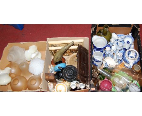 Three boxes of mixed china and sundries, to include various glass oil lamp shades, blue and white transfer printed chinaware,